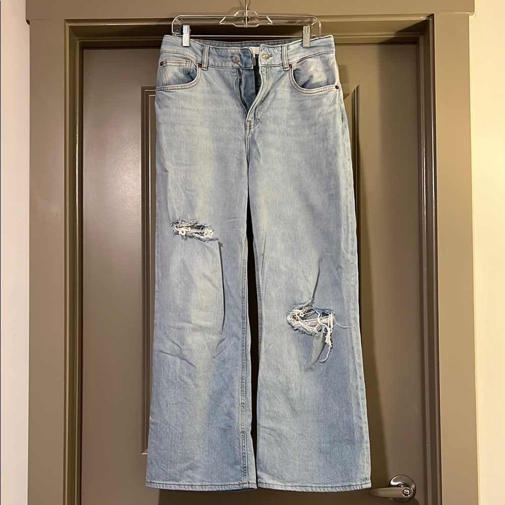 H&M Blue Wide Leg Jeans Distressed Casual